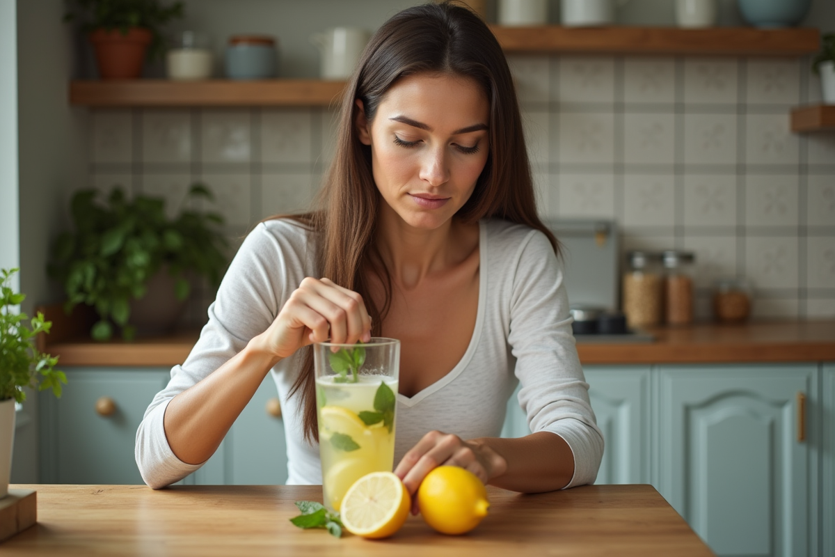 Femme préparant une boisson detox maison avec citron et menthe