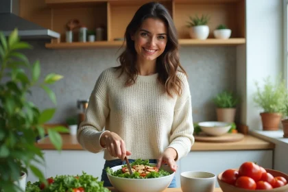 Femme en cuisine pr&eacute;parant une salade verte fra&icirc;che