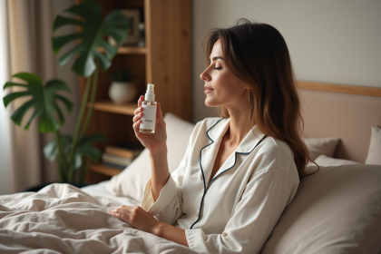 Femme en pyjamas coton respire une brume de sommeil