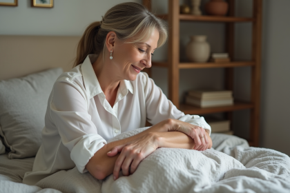 Femme d'âge moyen assise sur un lit dans une chambre paisible