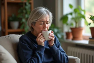 Femme d'âge moyen tenant une tasse de tisane en se soignant