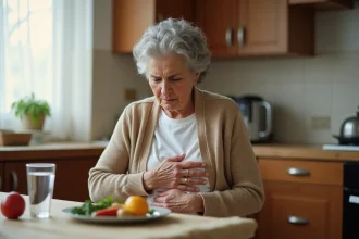 Senior de 70 ans ressentant une douleur au foie à table dans sa cuisine, symptômes digestifs chez la personne âgée