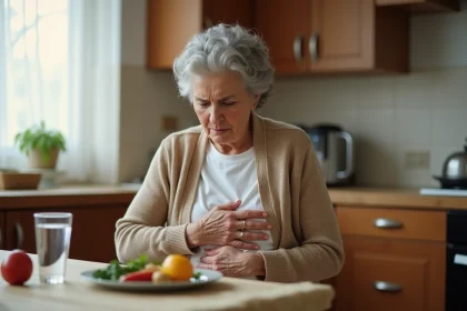 Senior de 70 ans ressentant une douleur au foie à table dans sa cuisine, symptômes digestifs chez la personne âgée