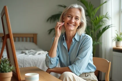 Femme souriante appliquant une creme visage dans une chambre lumineuse