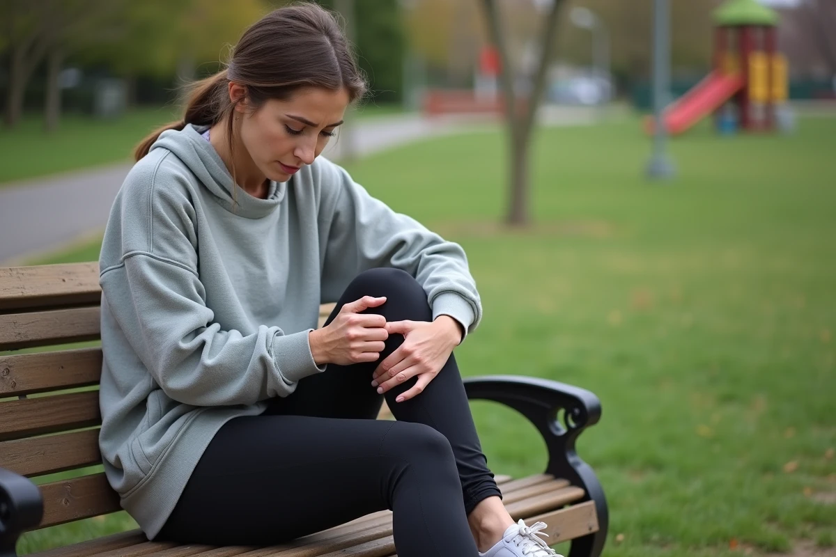 Femme en pleine réflexion sur son genou dans un parc