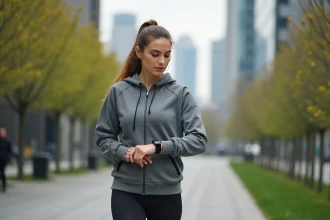 Femme sportive marche dans la ville en vérifiant son tracker