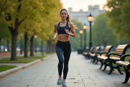 Femme sportive courant dans un parc urbain au matin