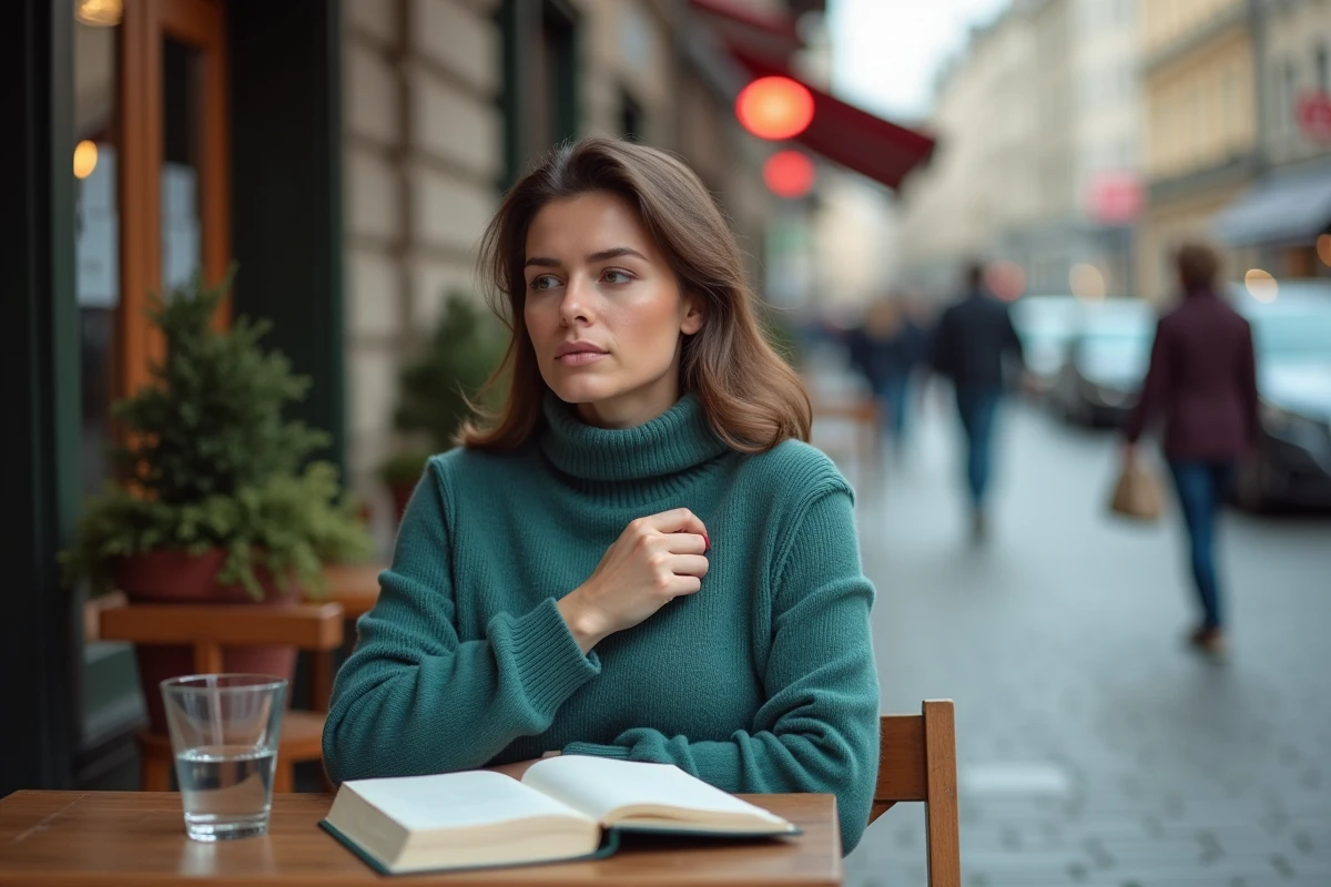 Femme pensive en terrasse de café avec la main à la gorge, symbolisant le blocage du chakra gorge et la difficulté à s'exprimer