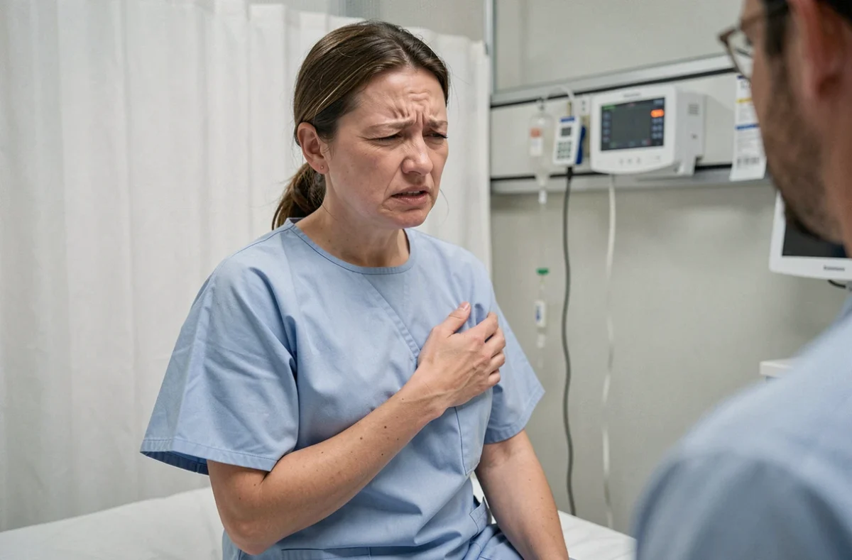 Femme aux urgences avec douleur aux côtes suite à un accident de voiture, consultation médicale