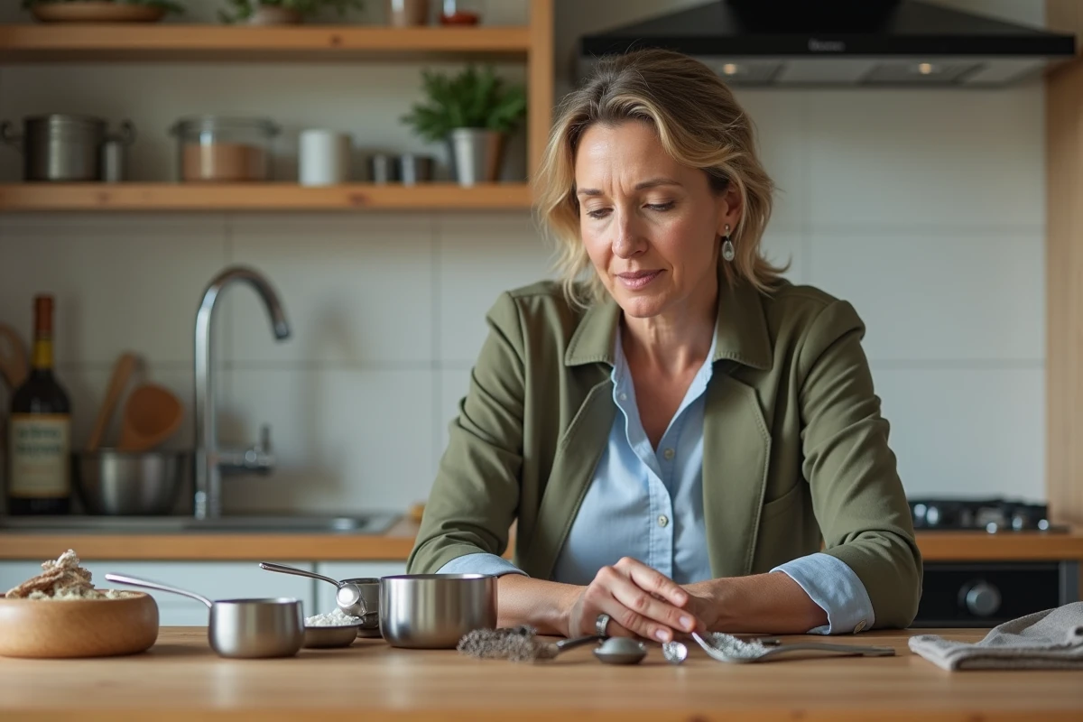 Femme examinant des ustensiles de cuisine en métal dans une cuisine moderne