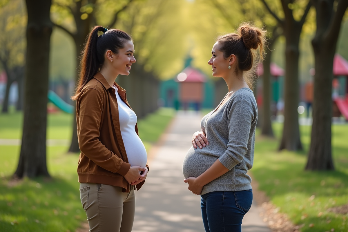 Deux femmes enceintes avec leurs partenaires dans un parc