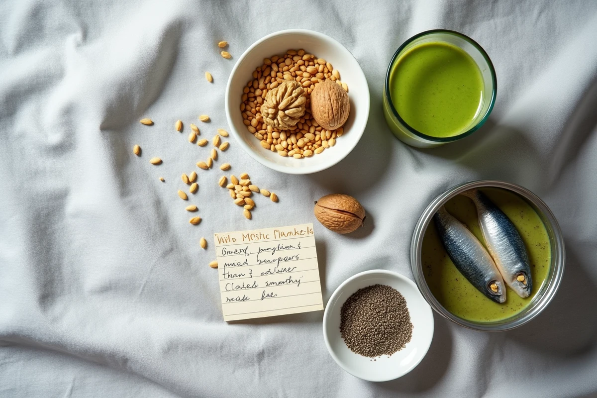 Flat lay d'ingrédients riches en oméga 3 pour le petit-déjeuner : noix, graines de lin, maquereau et smoothie chia