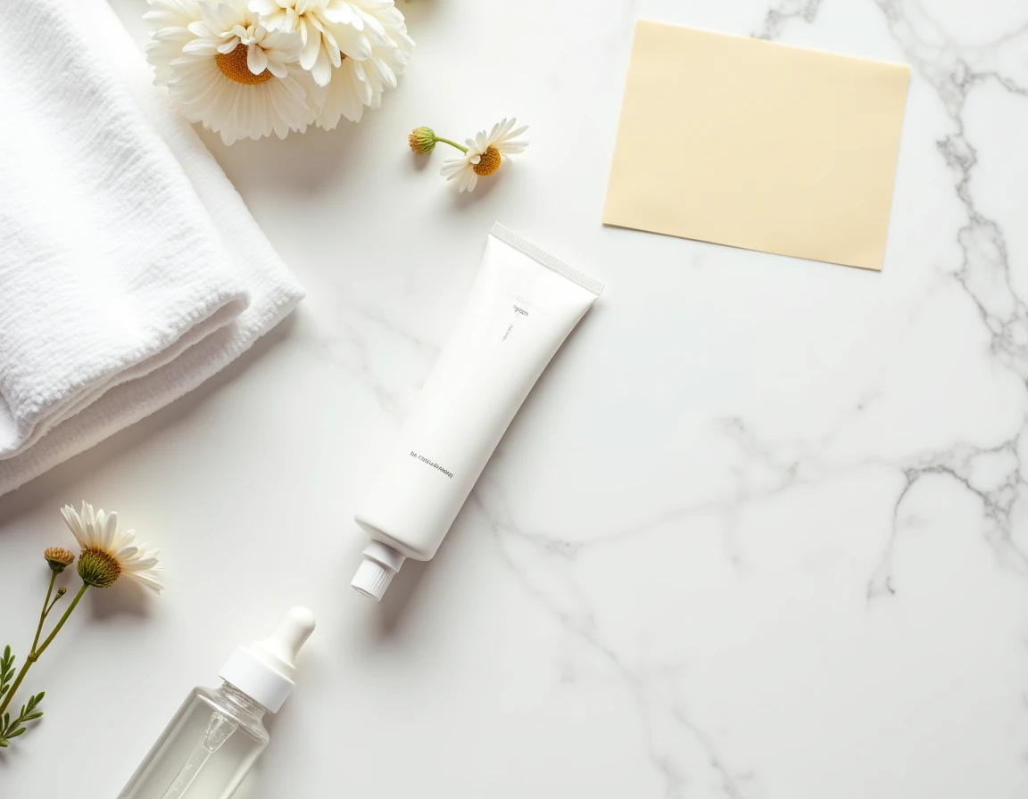 Flat lay minimaliste d'une routine de soin avec tube de gel dermatologique sur marbre blanc