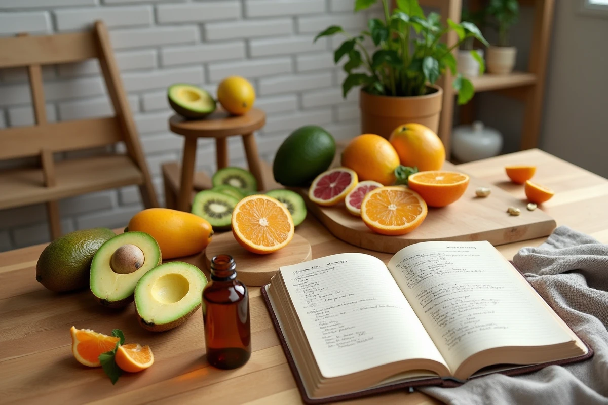 Assortiment de fruits frais et flacon de compléments alimentaires sur une table en bois, illustrant les sources naturelles de vitamine D