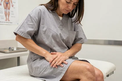 Femme en consultation médicale palpant un ganglion lymphatique douloureux dans l'aine