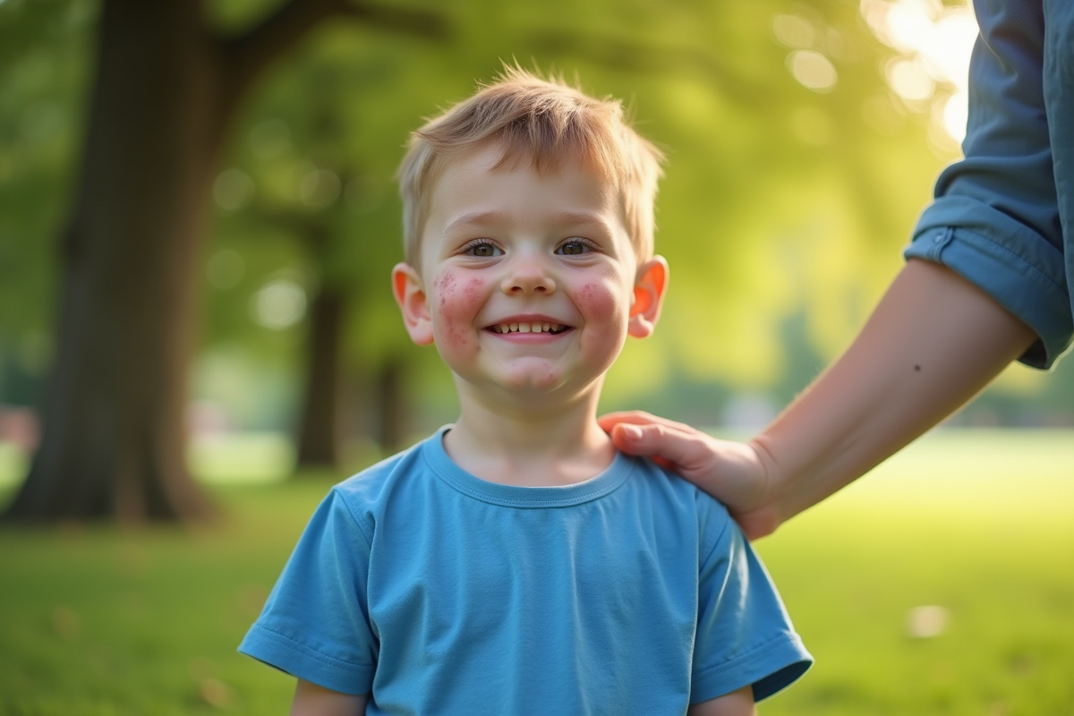 Garcon souriant avec eczema sur les mains dans un parc