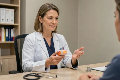 Gastro-entérologue expliquant le protocole antibiotiques et Ultra-Levure à un patient en cabinet médical