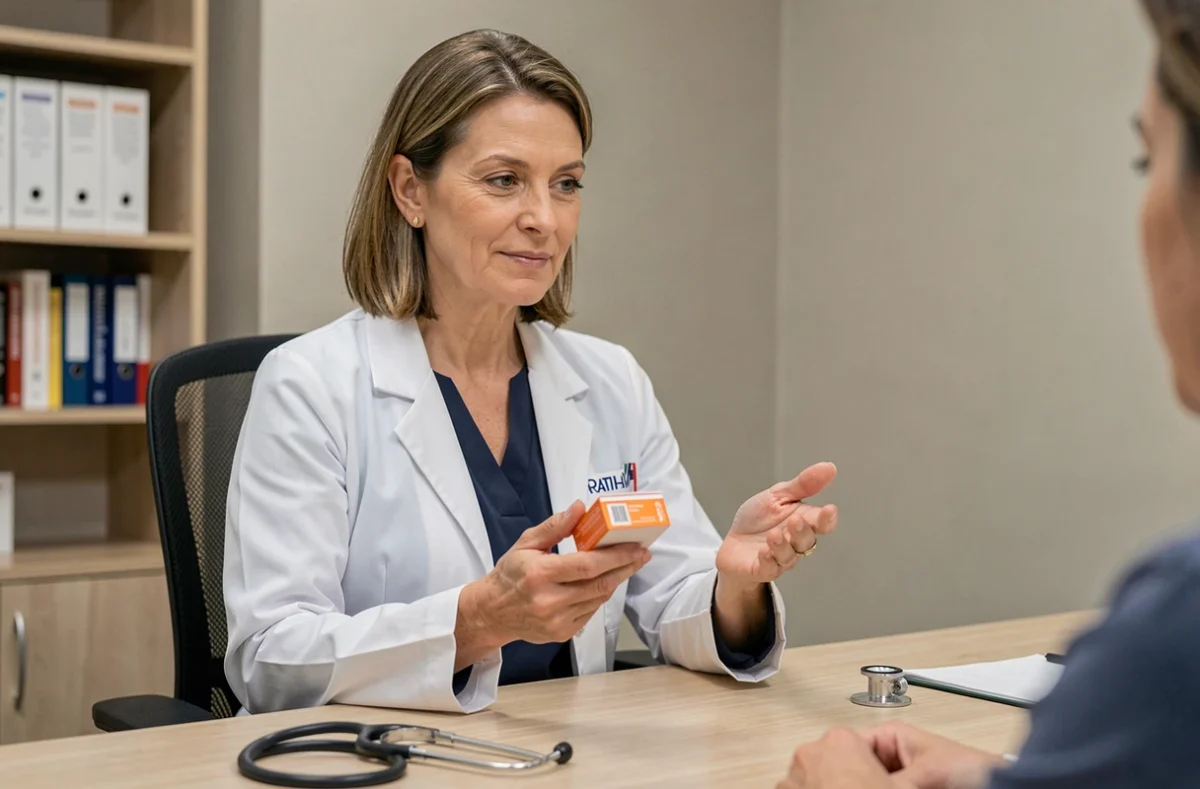 Gastro-entérologue expliquant le protocole antibiotiques et Ultra-Levure à un patient en cabinet médical