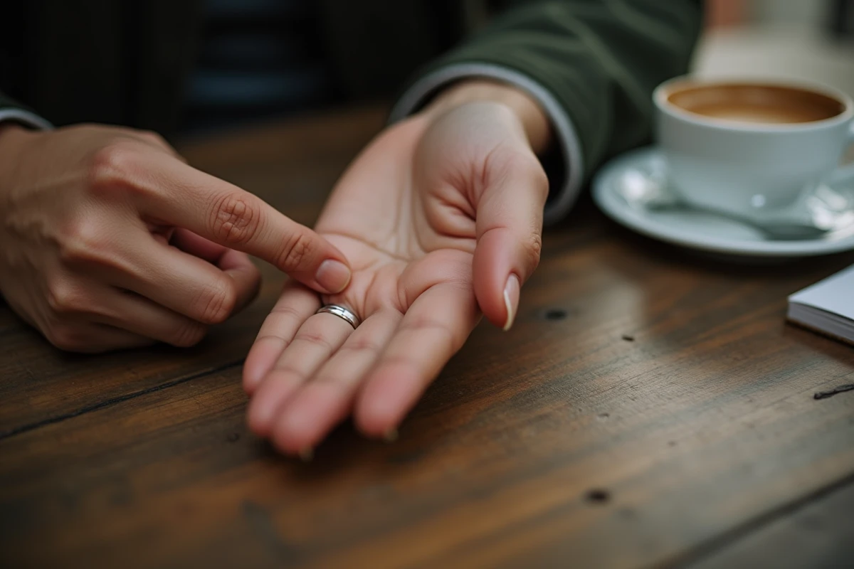 Gros plan d'une main gauche qui se gratte posée sur une table de café, présage avant un rendez-vous