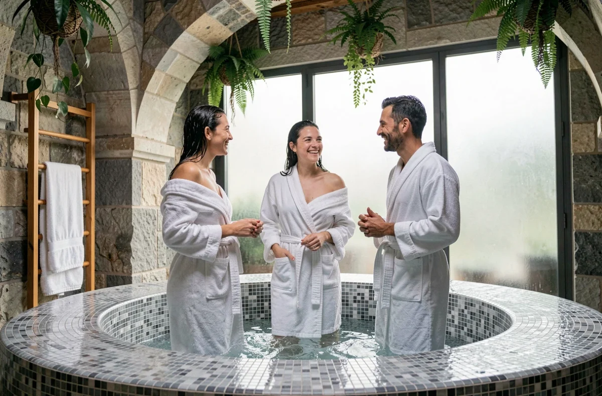 Groupe d'amis mixtes profitant d'un jacuzzi dans un spa mixte parisien moderne lors d'une séance bien-être entre amis