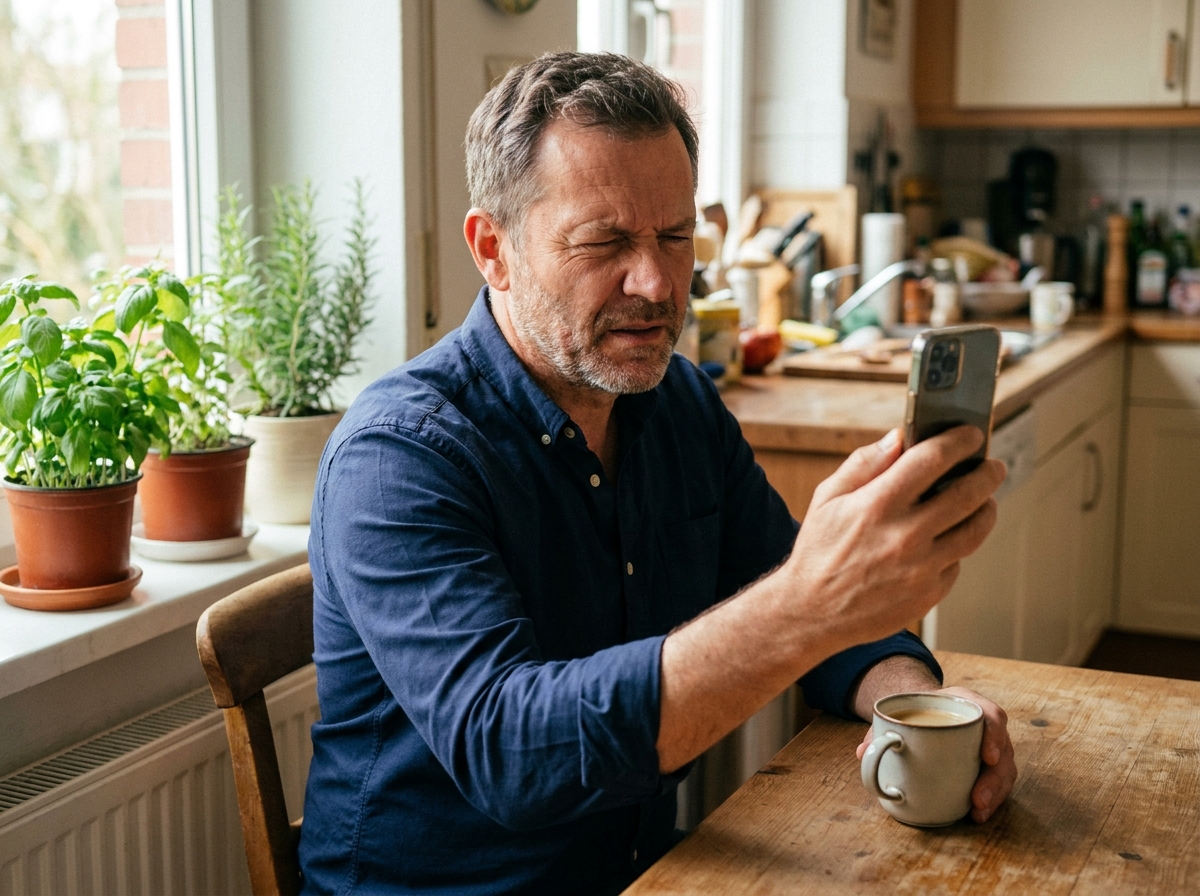 Homme de 50 ans qui peine à lire son smartphone, signe de presbytie nécessitant un contrôle de la vue