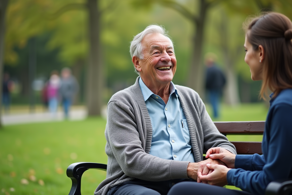 Homme âgé souriant recevant un soin dans un parc urbain