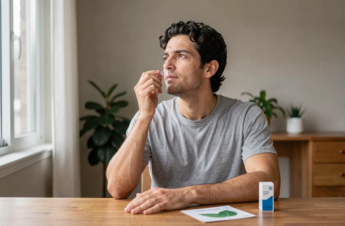 Homme appliquant seul des gouttes ophtalmiques dans son œil à son bureau à domicile avec la notice du médicament