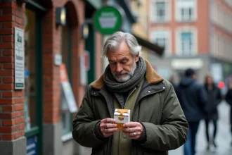 Homme belge examine un paquet de cigarettes en ville