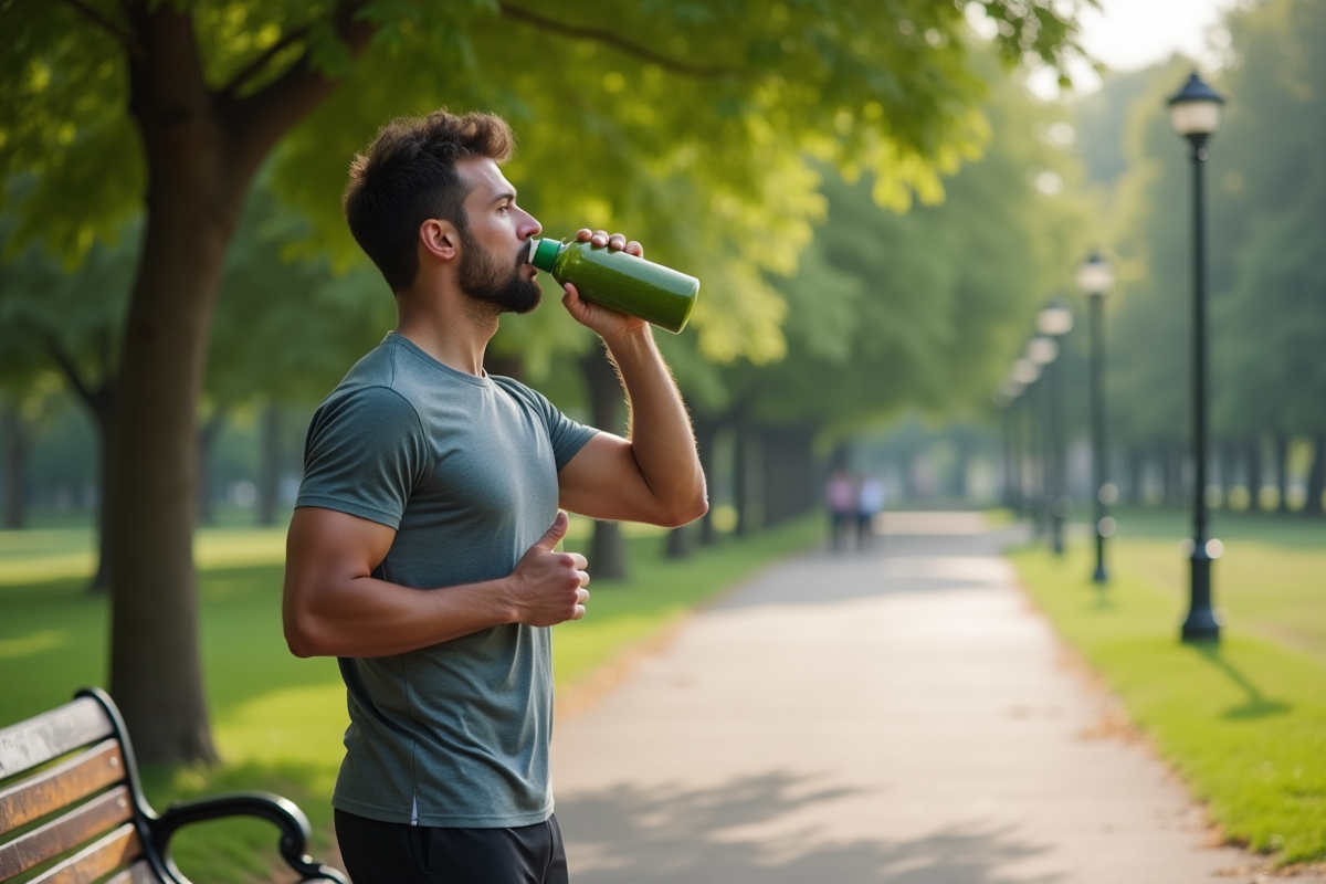 Homme en course buvant un smoothie dans un parc urbain