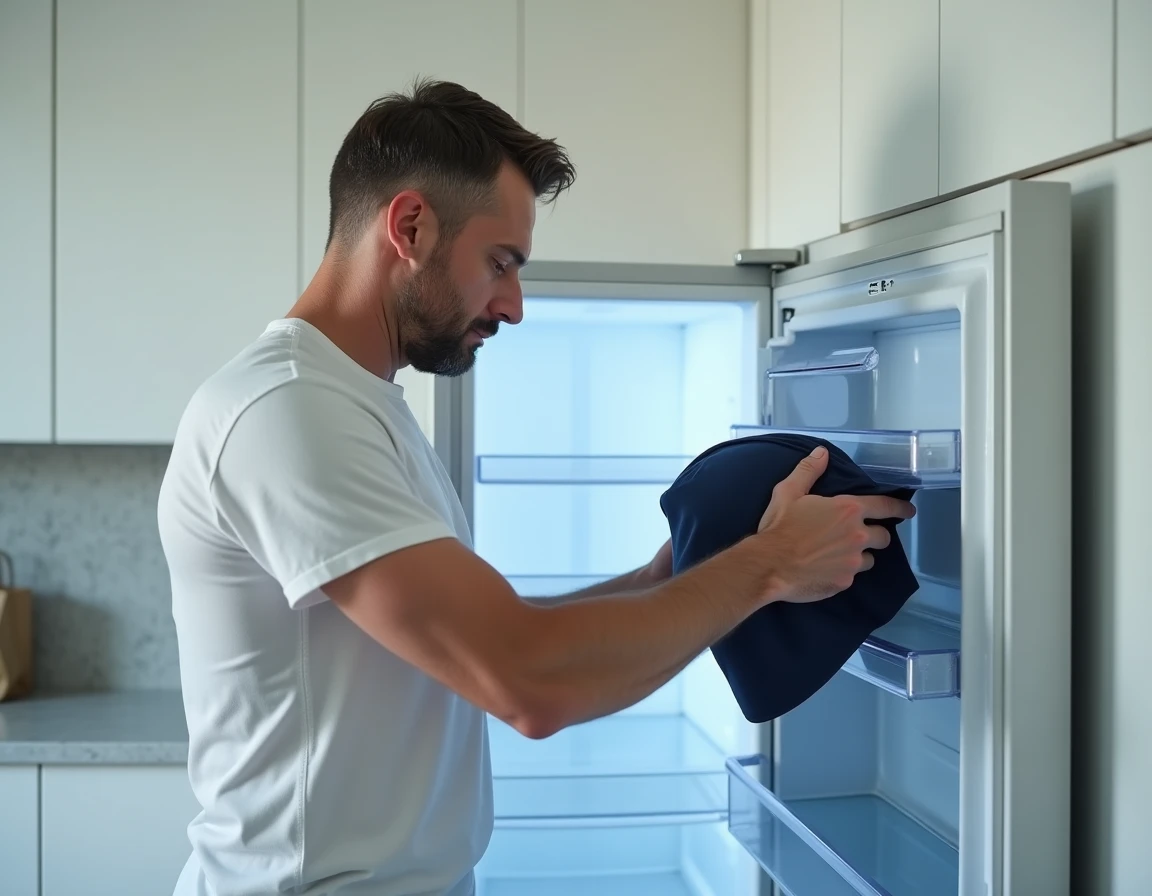 Homme sortant un bonnet anti-migraine froid du congélateur dans une cuisine moderne blanche pour préparer une application thérapeutique