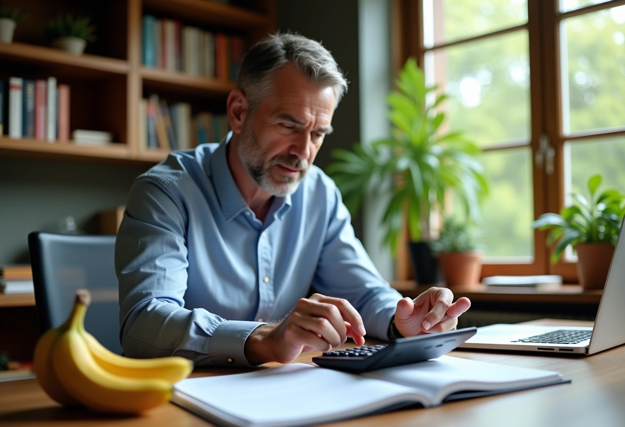 Homme en bureau calculant nutrition avec banane