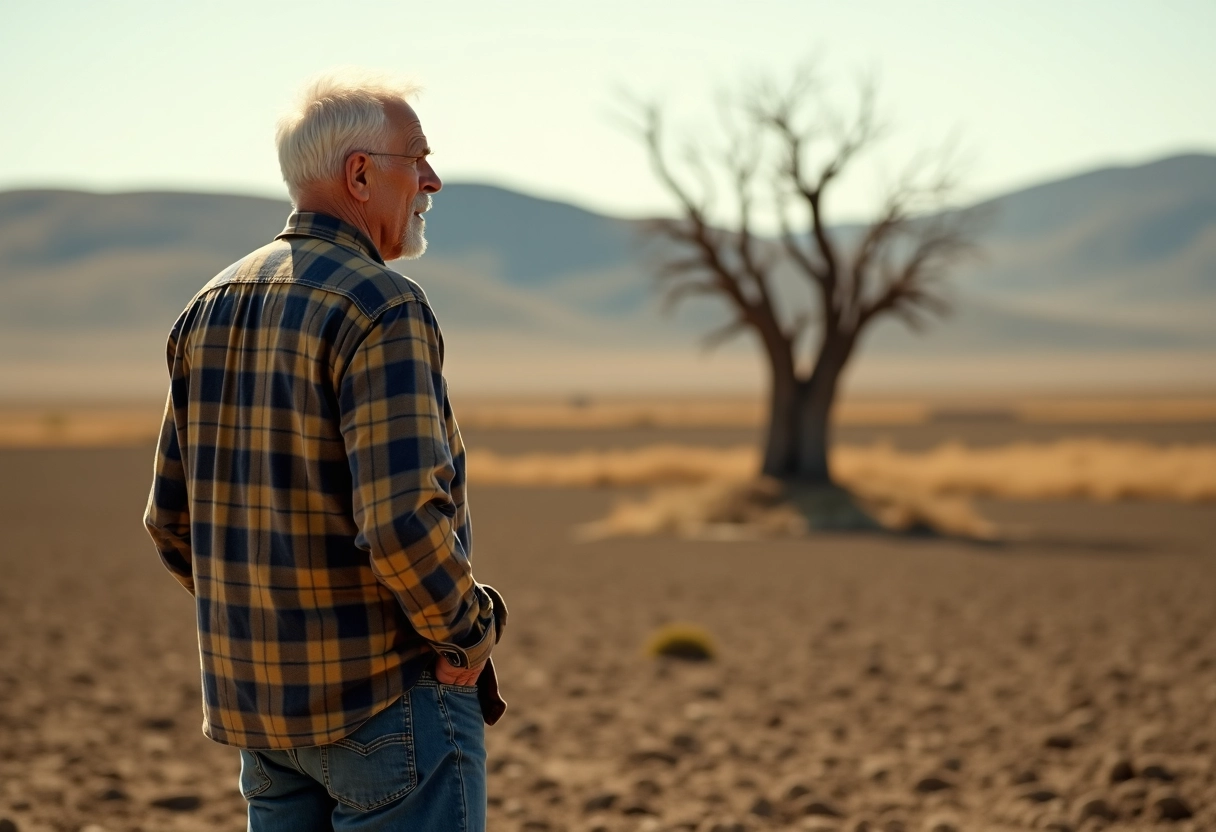 Homme âgé dans un champ sec regarde l