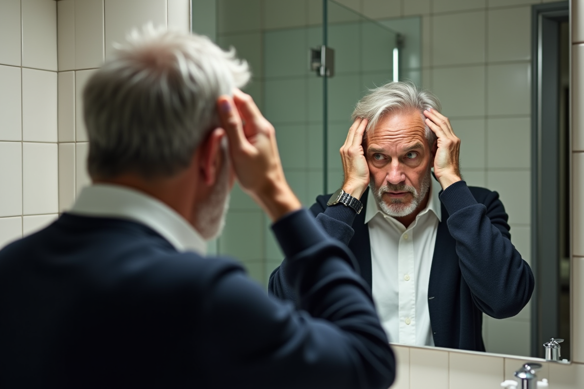 Homme vérifiant sa ligne de cheveux dans la salle de bain
