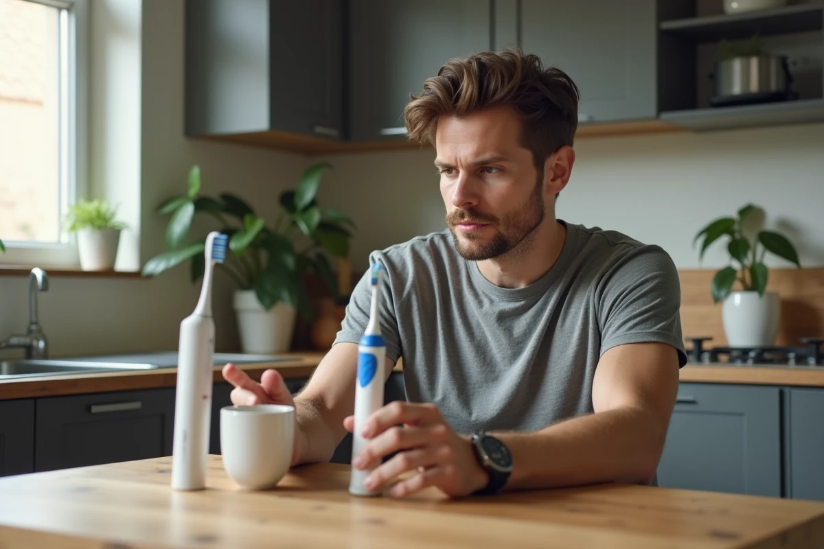Homme compare brosse &agrave; dents &eacute;lectrique et dentifrice dans la cuisine