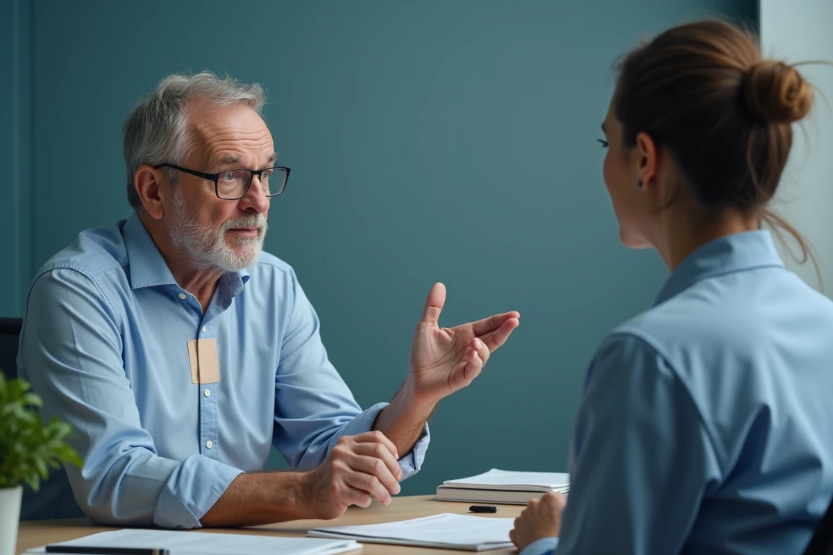 Homme discutant avec infirmiere en consultation