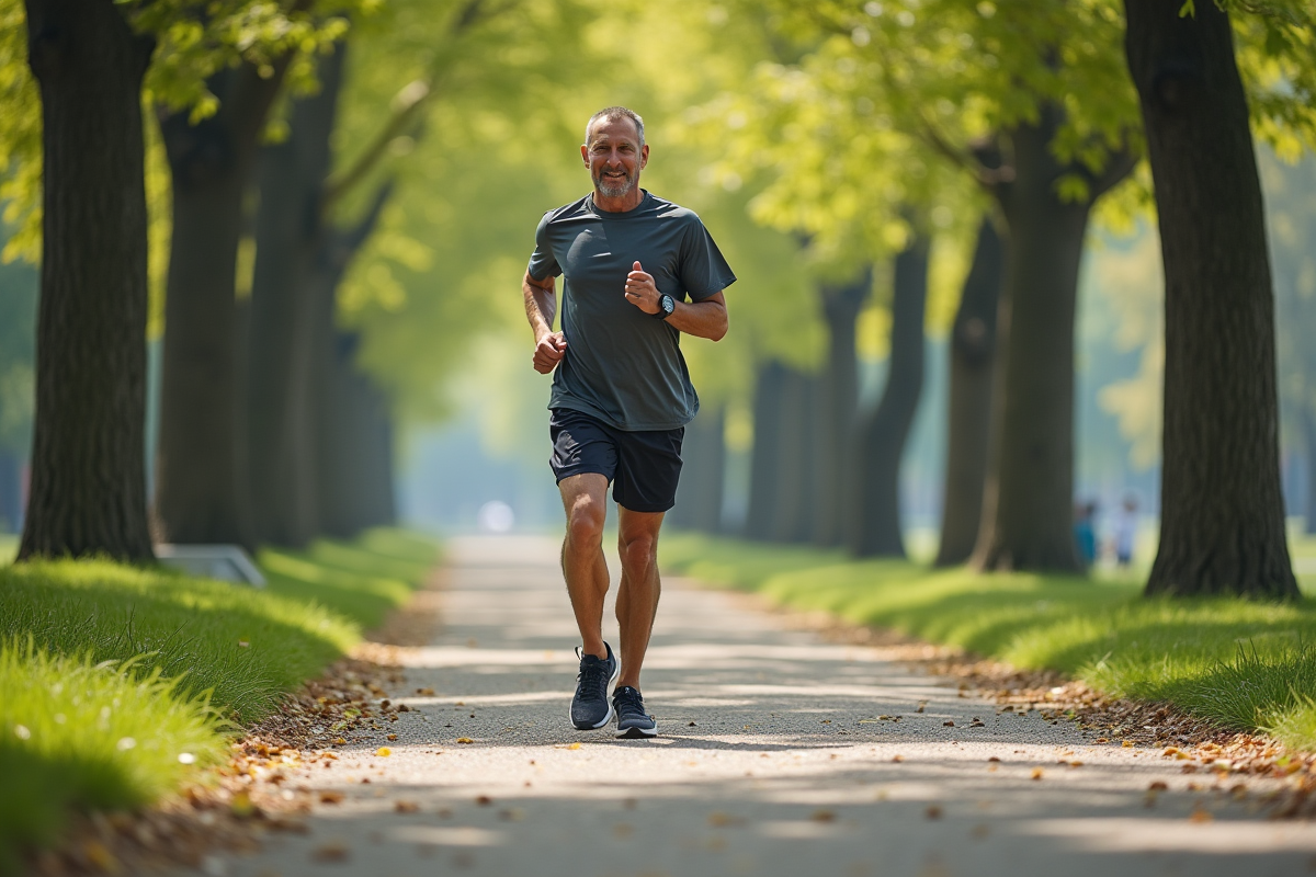 Homme courant dans un parc urbain en pleine nature