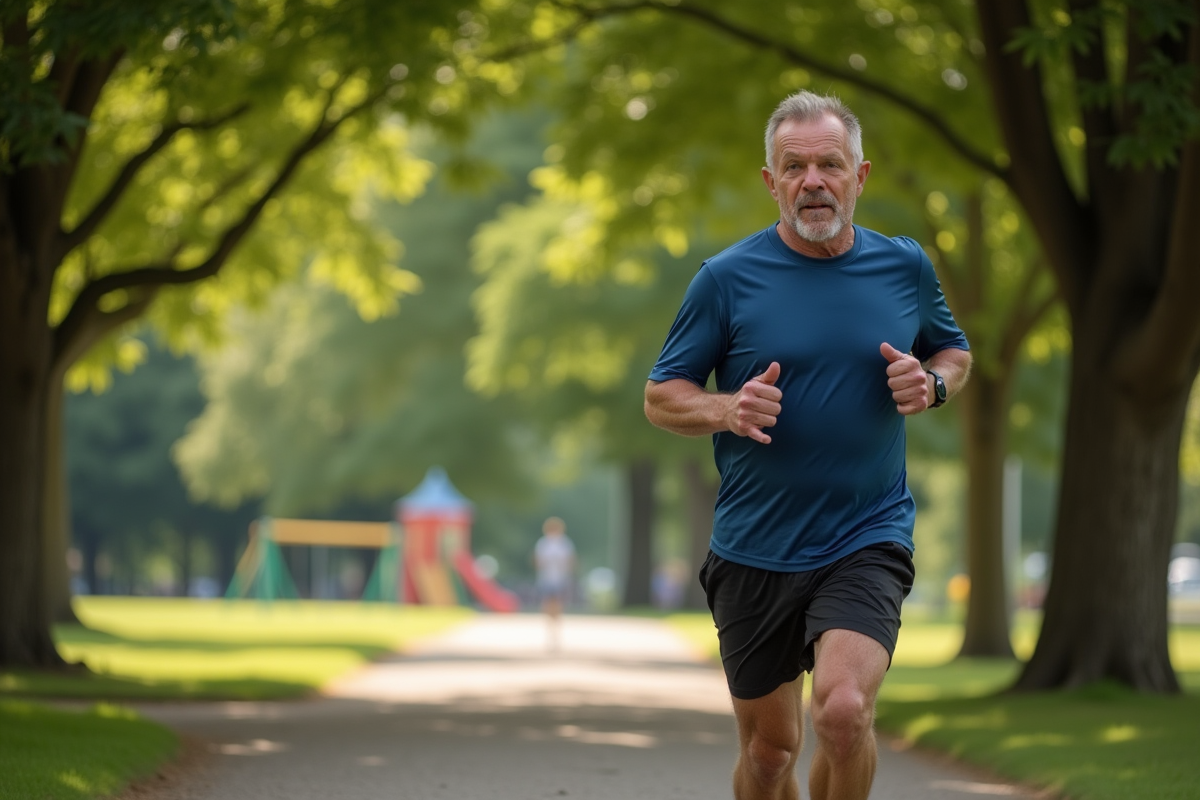 Homme courant dans un parc ombrage avec arbres