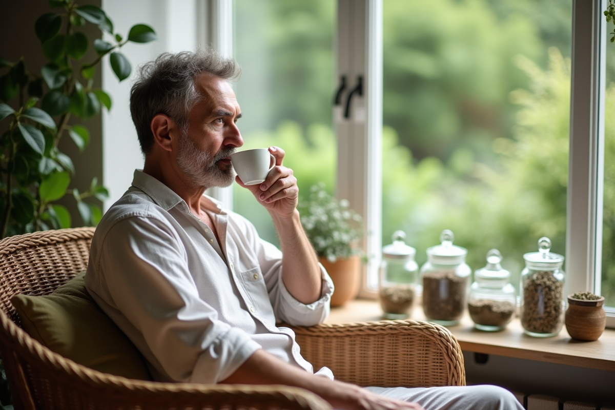 Homme moyenâgeux sirotant une tisane dans un jardin lumineux