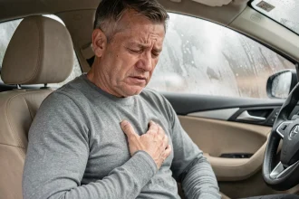 Homme tenant sa cage thoracique douloureuse après un accident de voiture, côtes déplacées symptômes