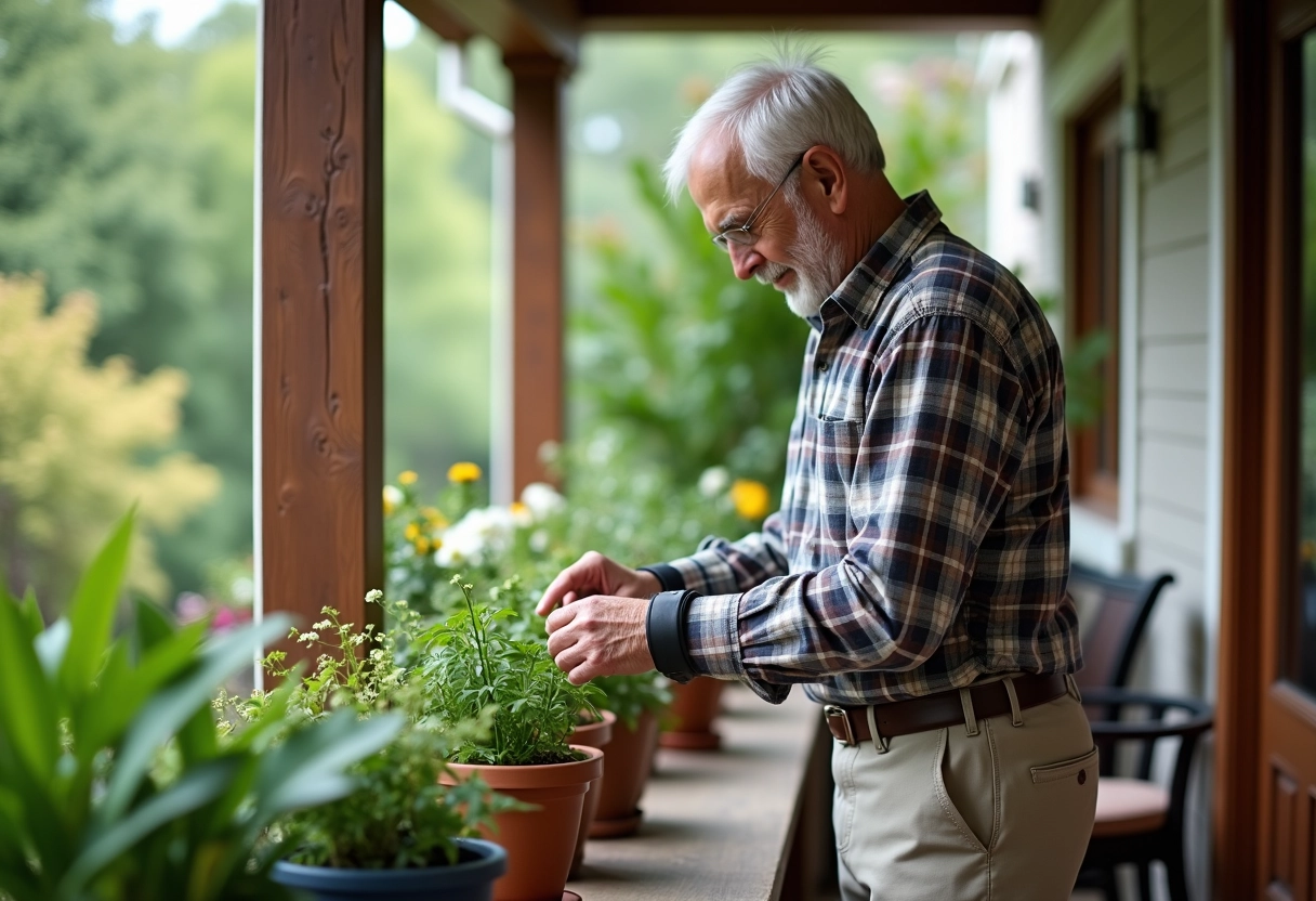 Homme âgé prenant soin de ses plantes dans un jardin ensoleille