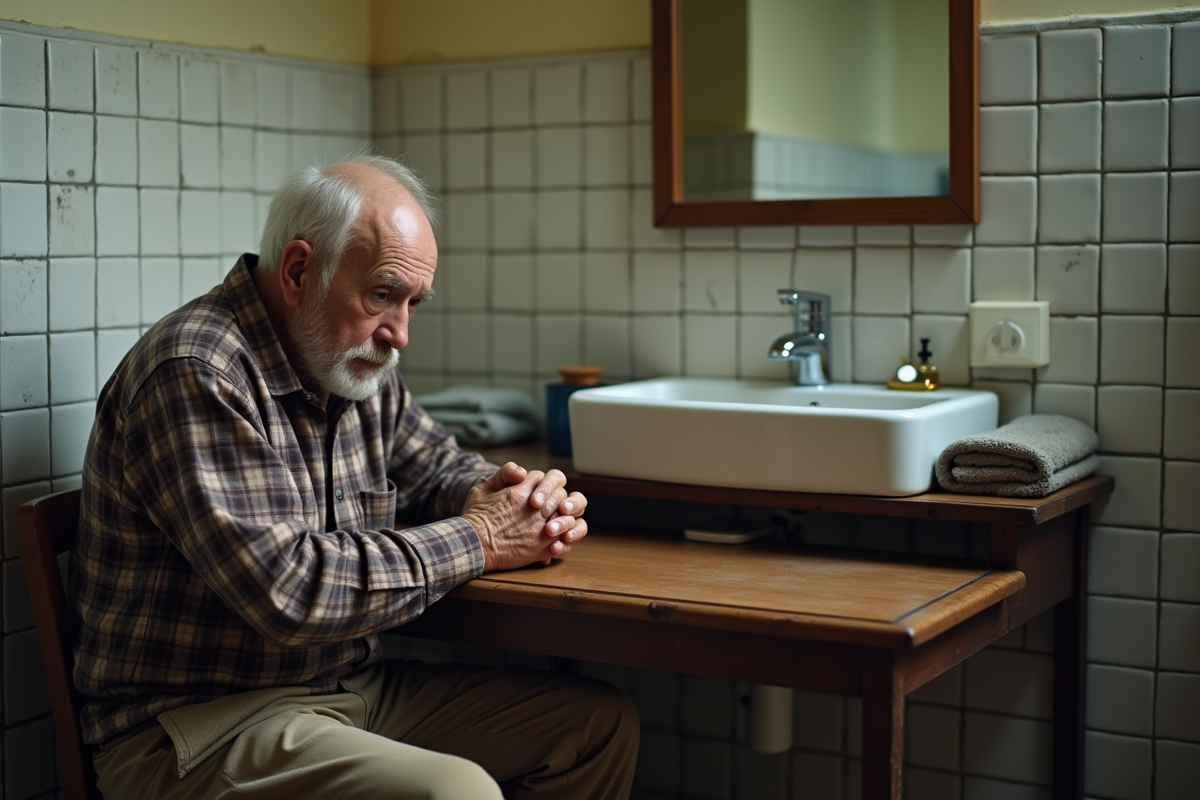 Homme âgé assis dans une salle de bain simple et authentique