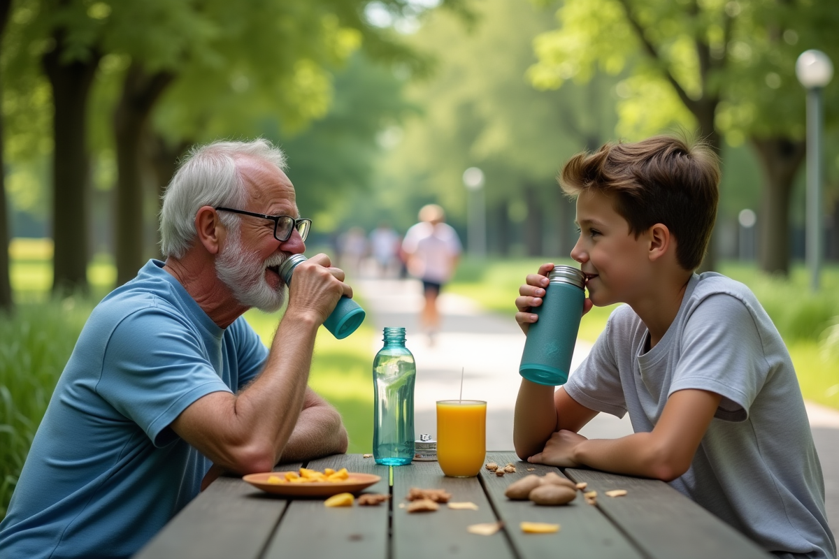 Homme et garçon buvant de l