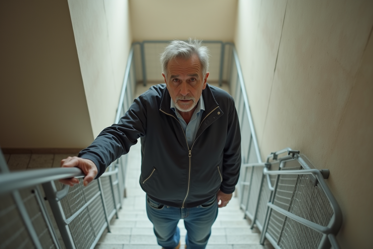 Homme âgé tenant la rampe dans un escalier moderne