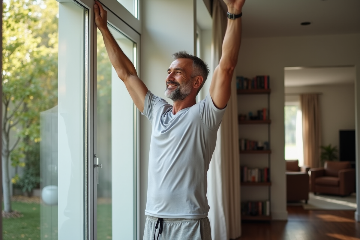 Homme en étirement dans un salon lumineux et moderne