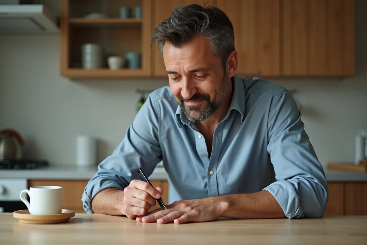 Homme se limant les ongles dans une cuisine moderne
