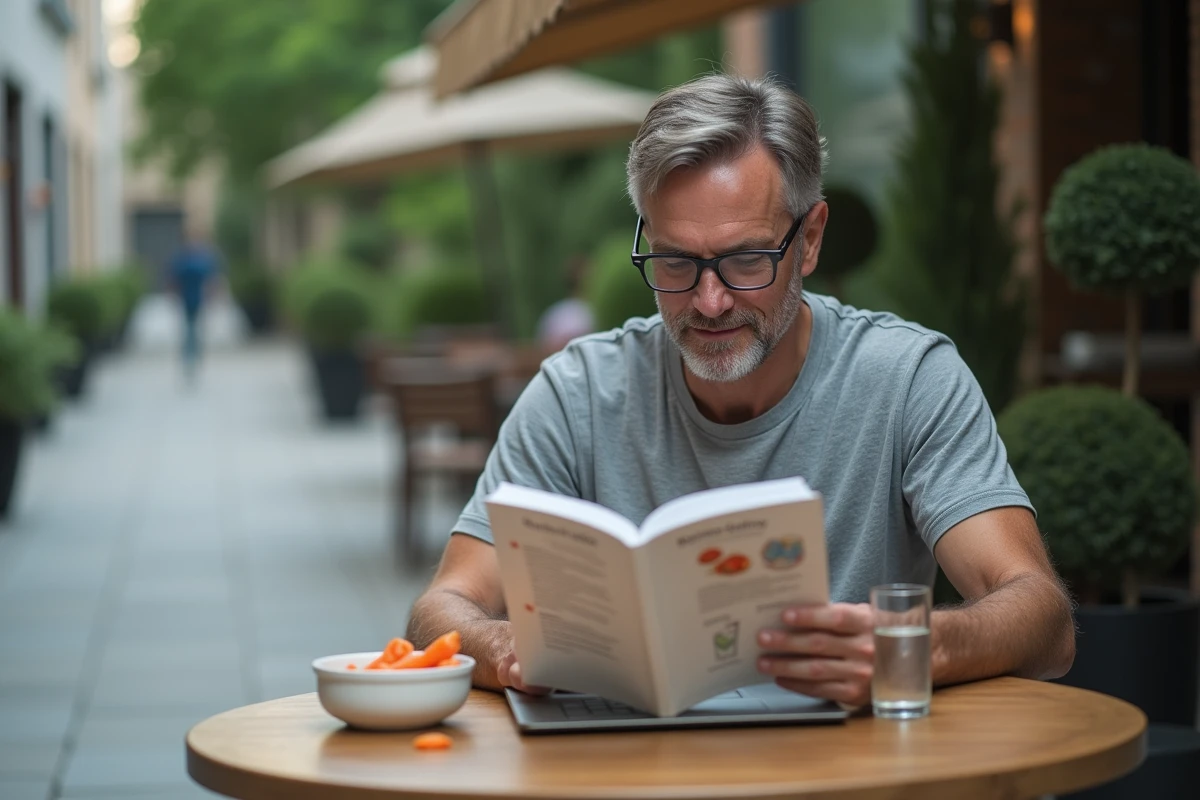 Homme lisant un guide nutritionnel sur les glucides des carottes en terrasse avec des bâtonnets de carottes et un verre d'eau
