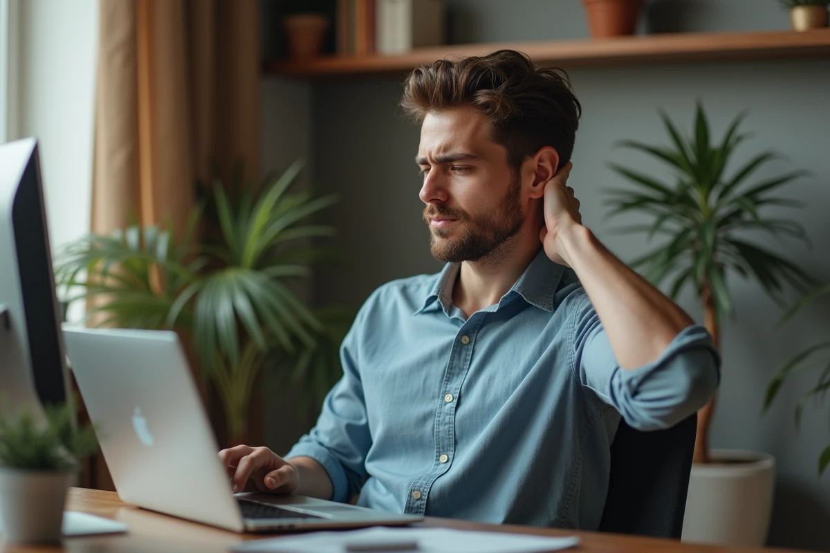 Jeune homme au bureau à domicile se massant le cou