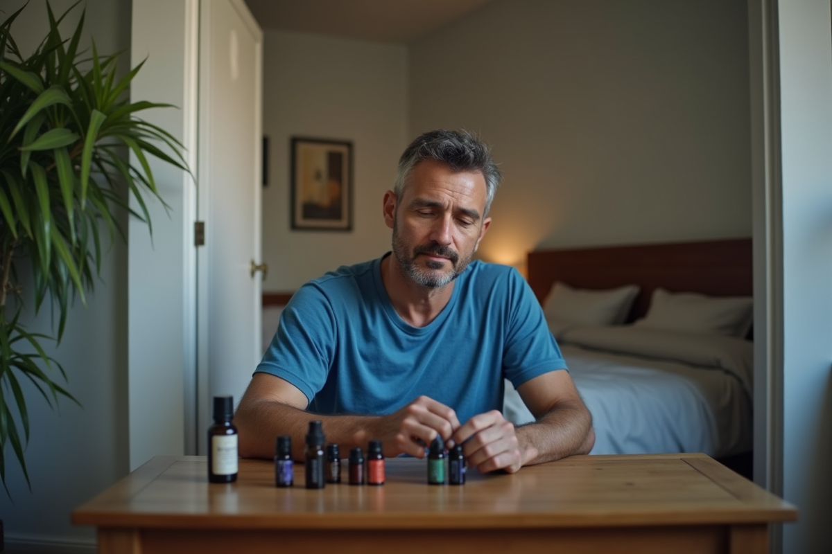 Homme examine huiles essentielles sur son bureau avant sommeil
