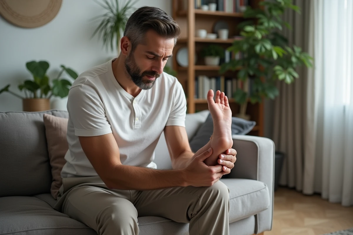 Homme assis sur le canap&eacute; observant son mollet gonfle
