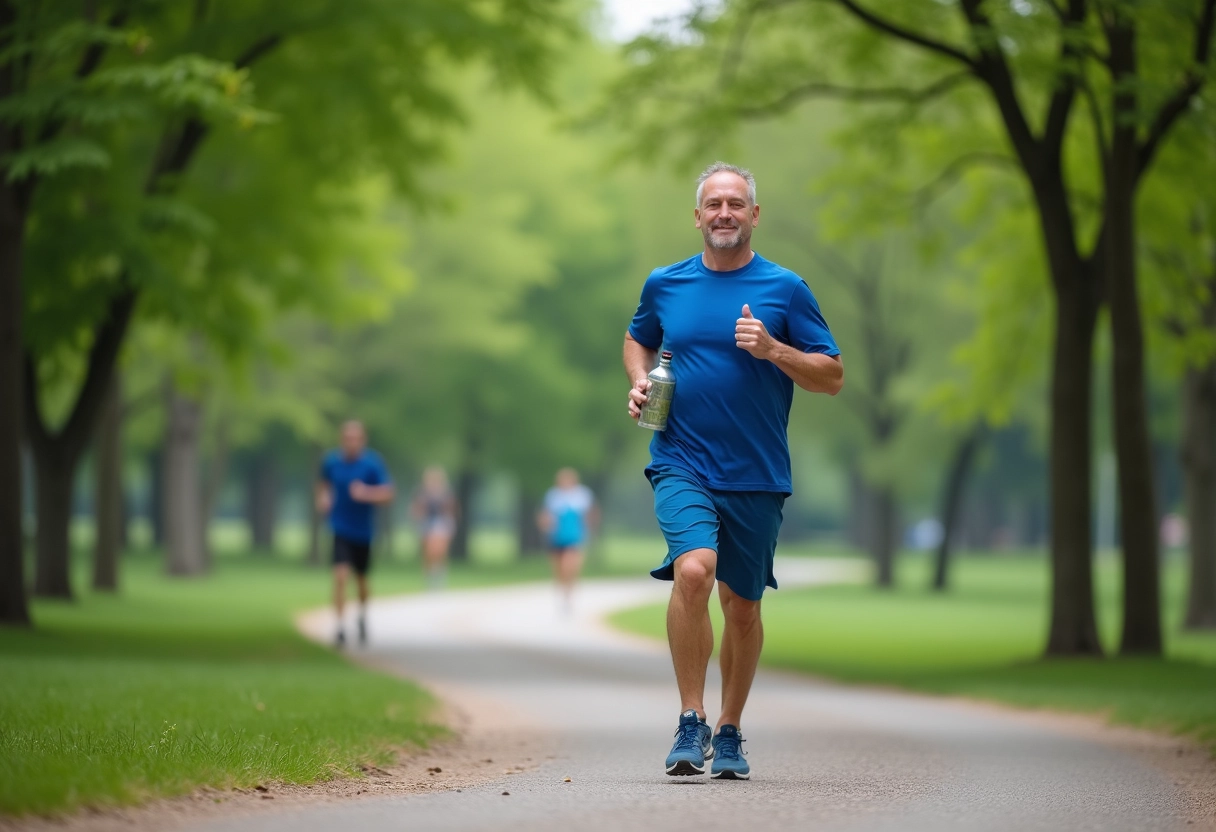 Homme courant dans un parc verdoyant en tenue décontractée